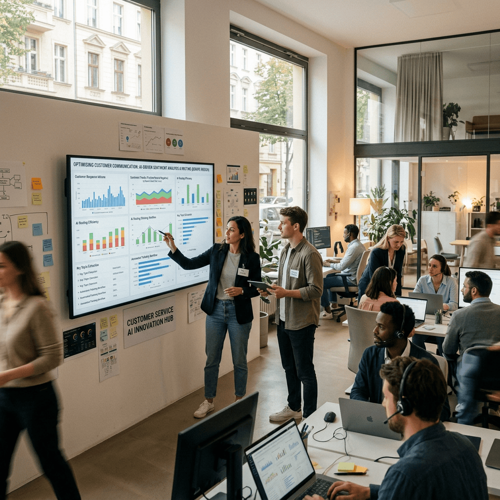 Team presenting customer service analytics in an AI innovation hub